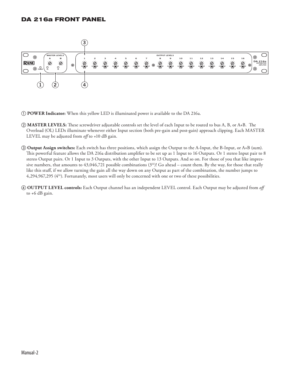 Manual- da 216a front panel | Rane DA 216a (2003 version) User Manual | Page 4 / 6