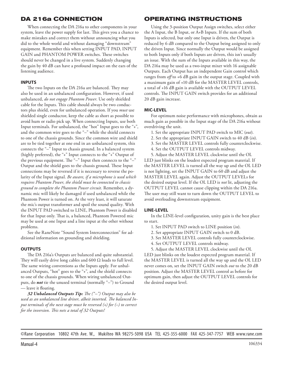 Rane DA 216a (2003 version) User Manual | Page 6 / 6