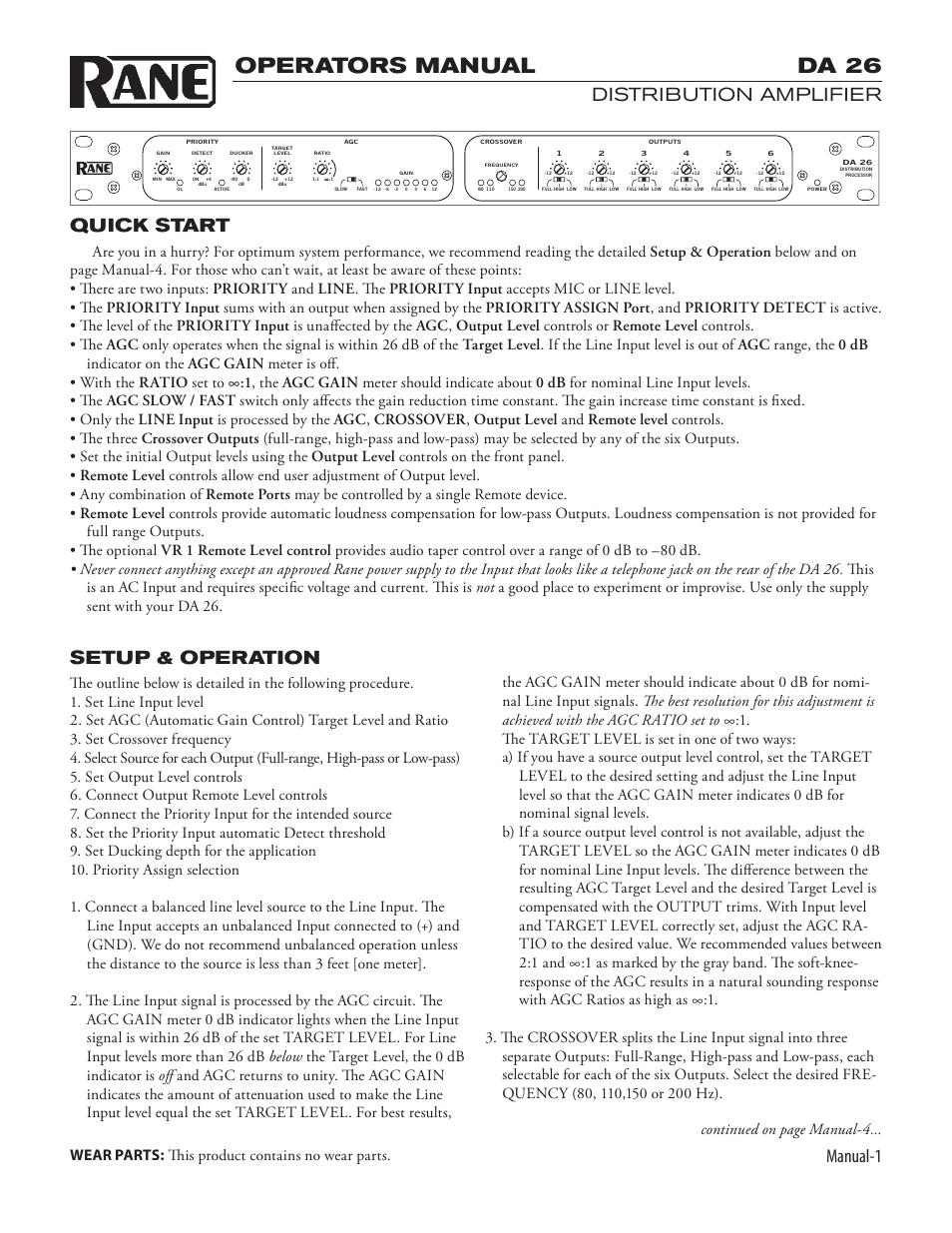 Da 26, Operators manual, Manual-1 | Distribution amplifier, Quick start, Setup & operation, Wear parts: this product contains no wear parts | Rane DA 26 (2003 version) User Manual | Page 3 / 6