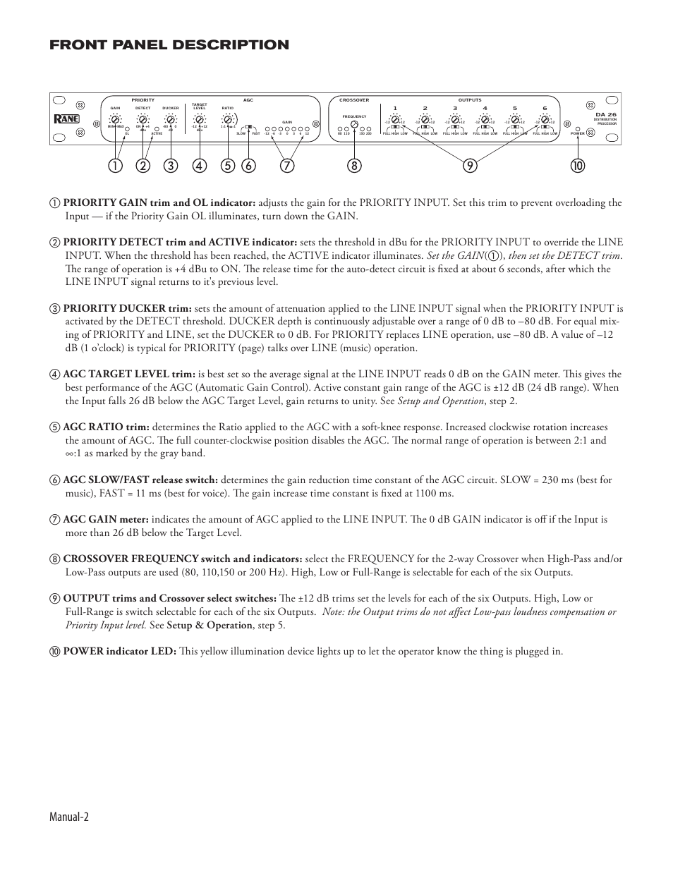 Manual-2 front panel description | Rane DA 26 (2003 version) User Manual | Page 4 / 6