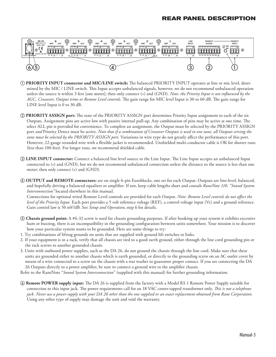 Manual-3 rear panel description | Rane DA 26 (2003 version) User Manual | Page 5 / 6