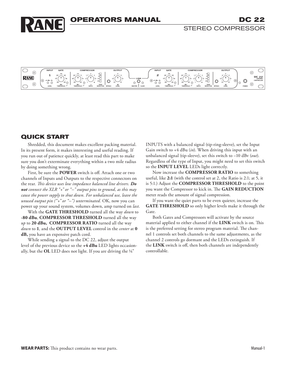 Dc22man.pdf, Operators manual, Dc 22 | Quick start, Stereo compressor, Manual | Rane DC 22 (2003 version) User Manual | Page 3 / 8