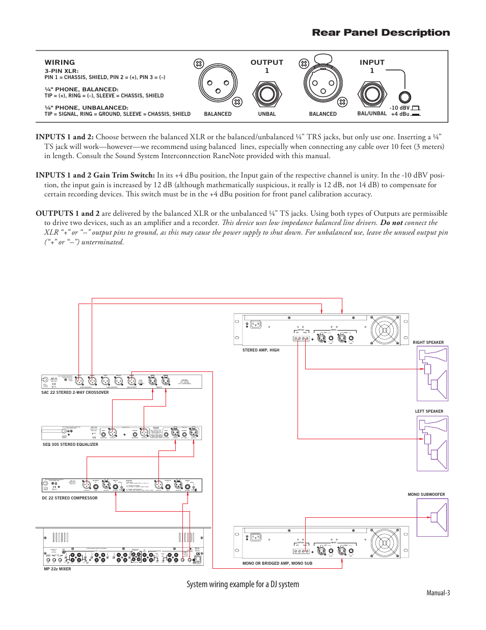 Rear panel description, System wiring example for a dj system, Dc 22 | Manual, Zone 1 yes no yes no tape out to to r, Rl l l line 6 tr im 6, Send (out) return (in) tape line 5 r l tr im 5, Input, Unbalanced 1/4" line ground, Wiring | Rane DC 22 (2003 version) User Manual | Page 5 / 8
