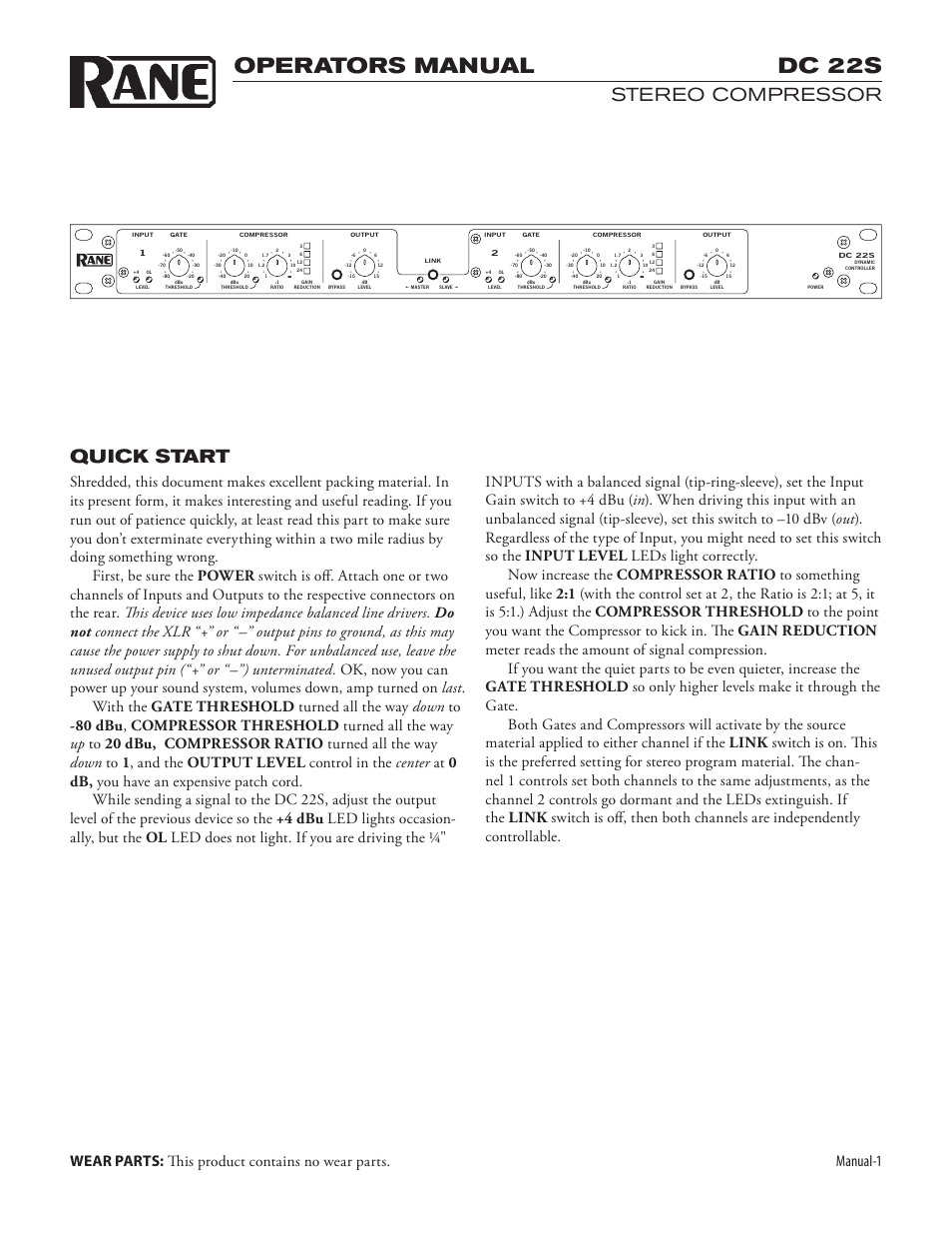 Operators manual, Dc 22s, Quick start | Stereo compressor, Manual-1 | Rane DC 22S (2009 version) User Manual | Page 3 / 8