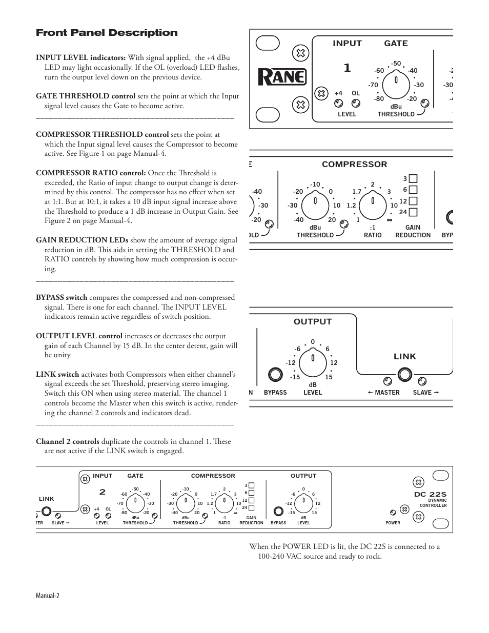 Front panel description, Dc 22s | Rane DC 22S (2009 version) User Manual | Page 4 / 8
