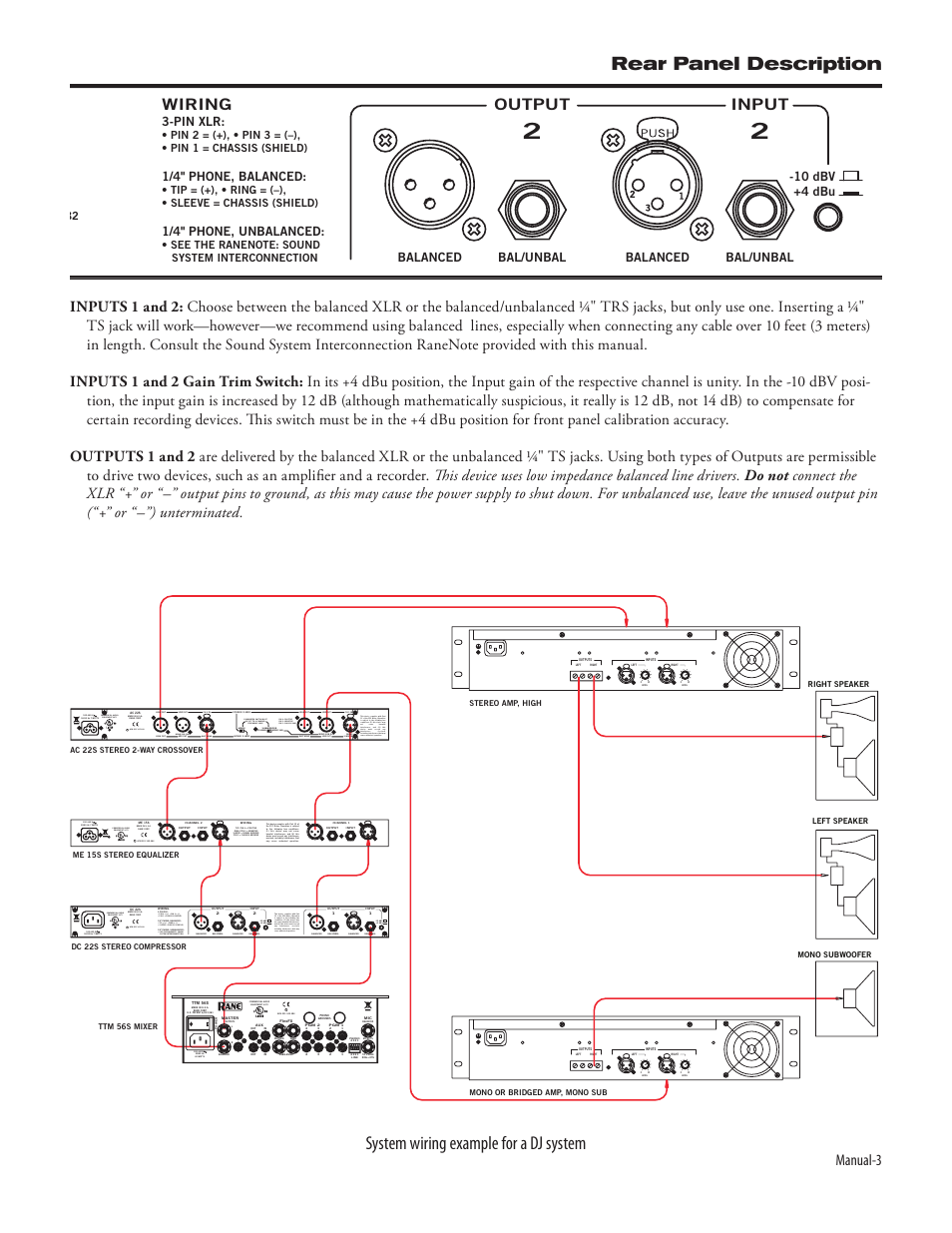 Dc 22s, Rear panel description, System wiring example for a dj system | Manual-3, Input, Output, Wiring, Commercial audio equipment 24tj r, Subwoofer, Omit mono | Rane DC 22S (2009 version) User Manual | Page 5 / 8