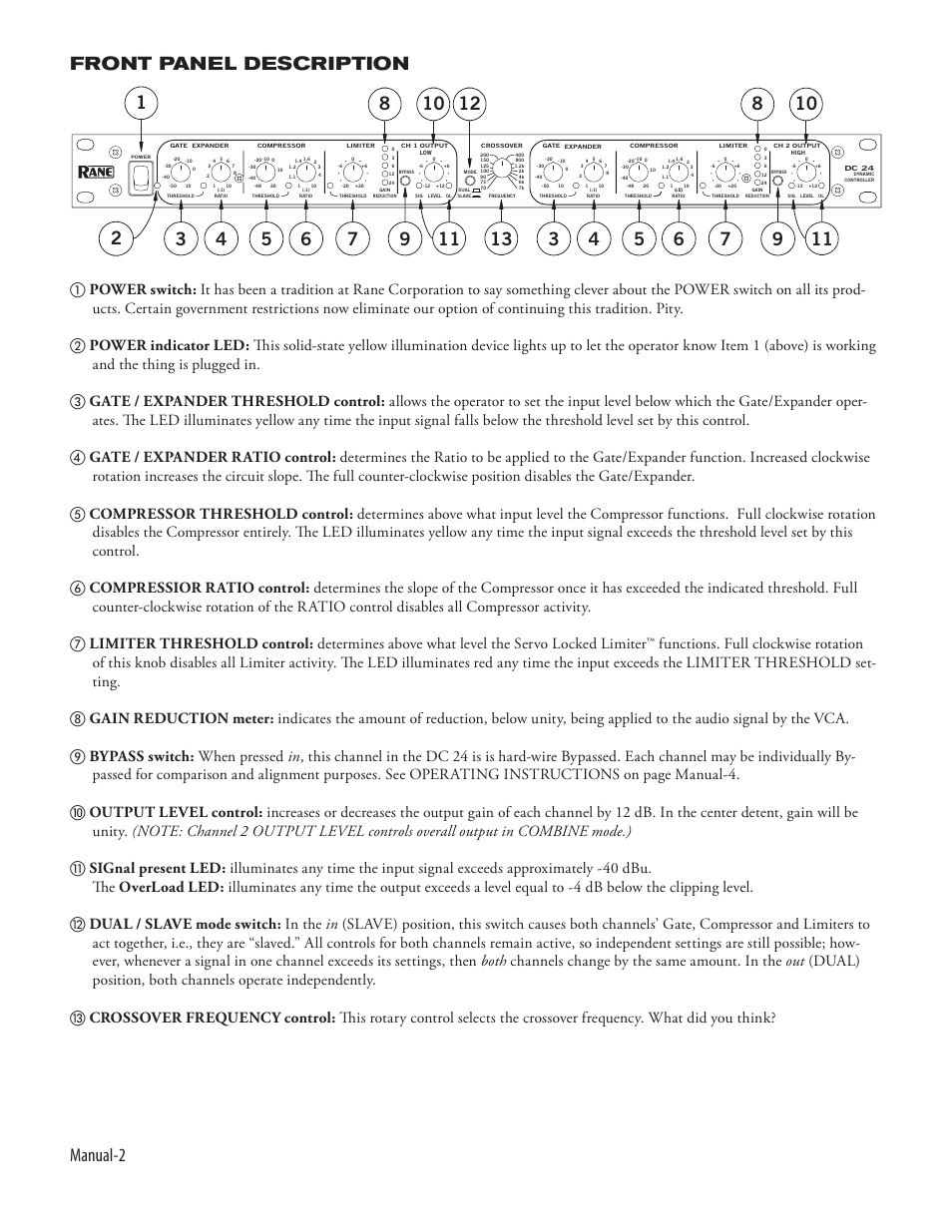 Manual-2 front panel description | Rane DC 24 Manual User Manual | Page 2 / 4