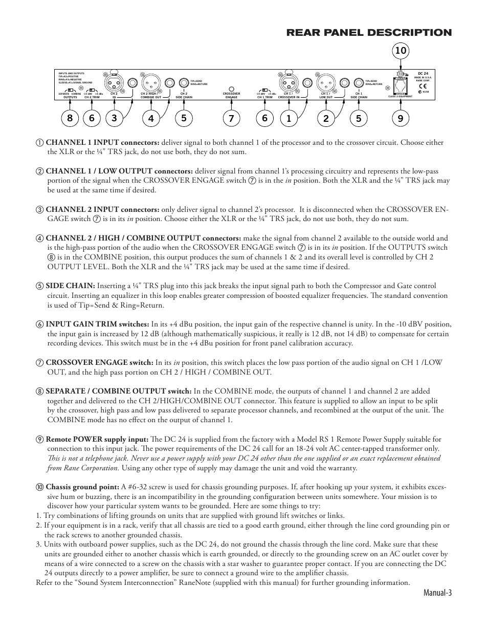 Manual-3 rear panel description | Rane DC 24 Manual User Manual | Page 3 / 4