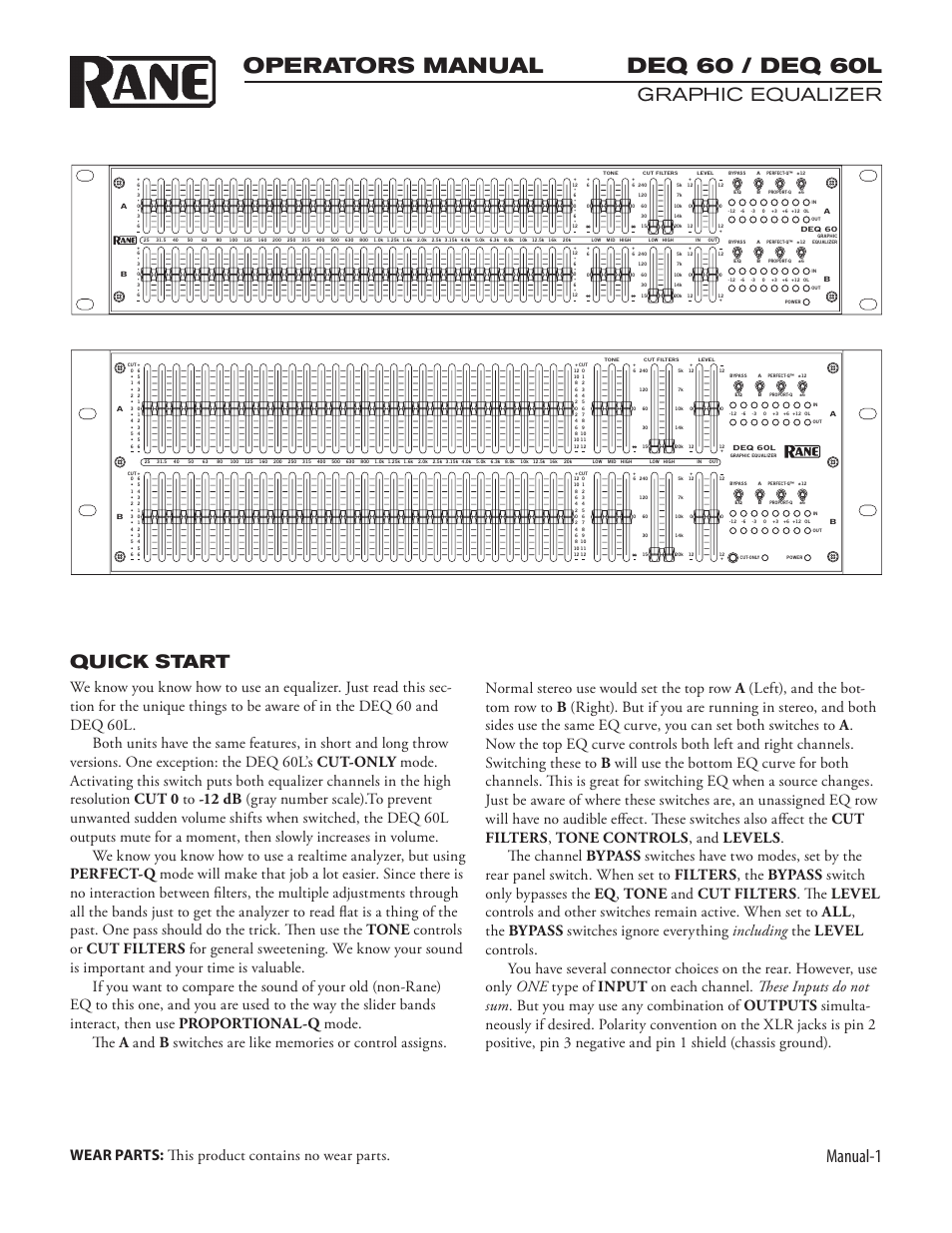 Deq 60 / deq 60l, Operators manual, Manual-1 | Graphic equalizer, Quick start, Wear parts: this product contains no wear parts | Rane DEQ 60 User Manual | Page 3 / 6