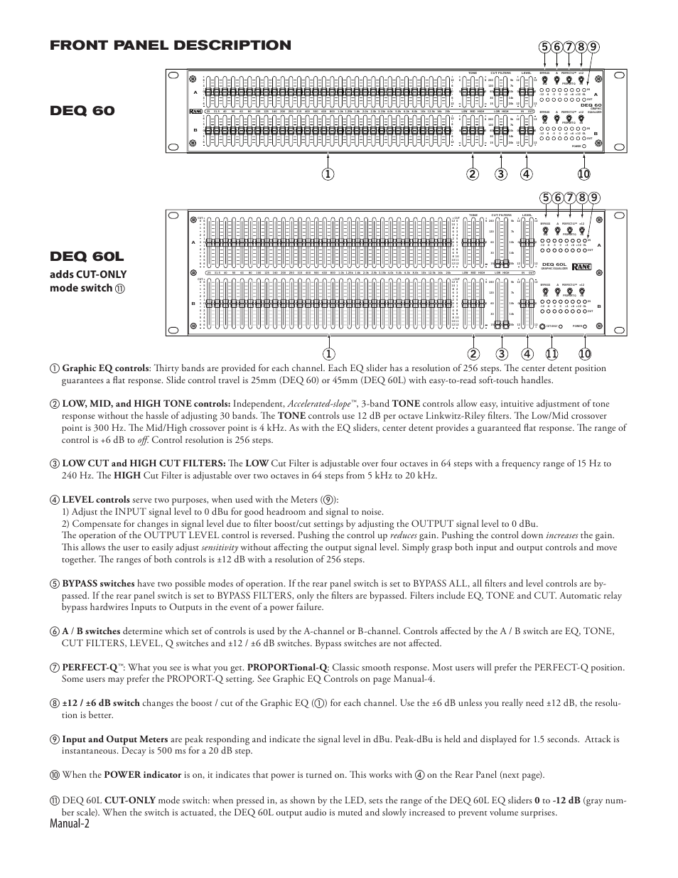 Manual-2, Front panel description, Deq 60l | Deq 60, Adds cut-only mode switch | Rane DEQ 60 User Manual | Page 4 / 6