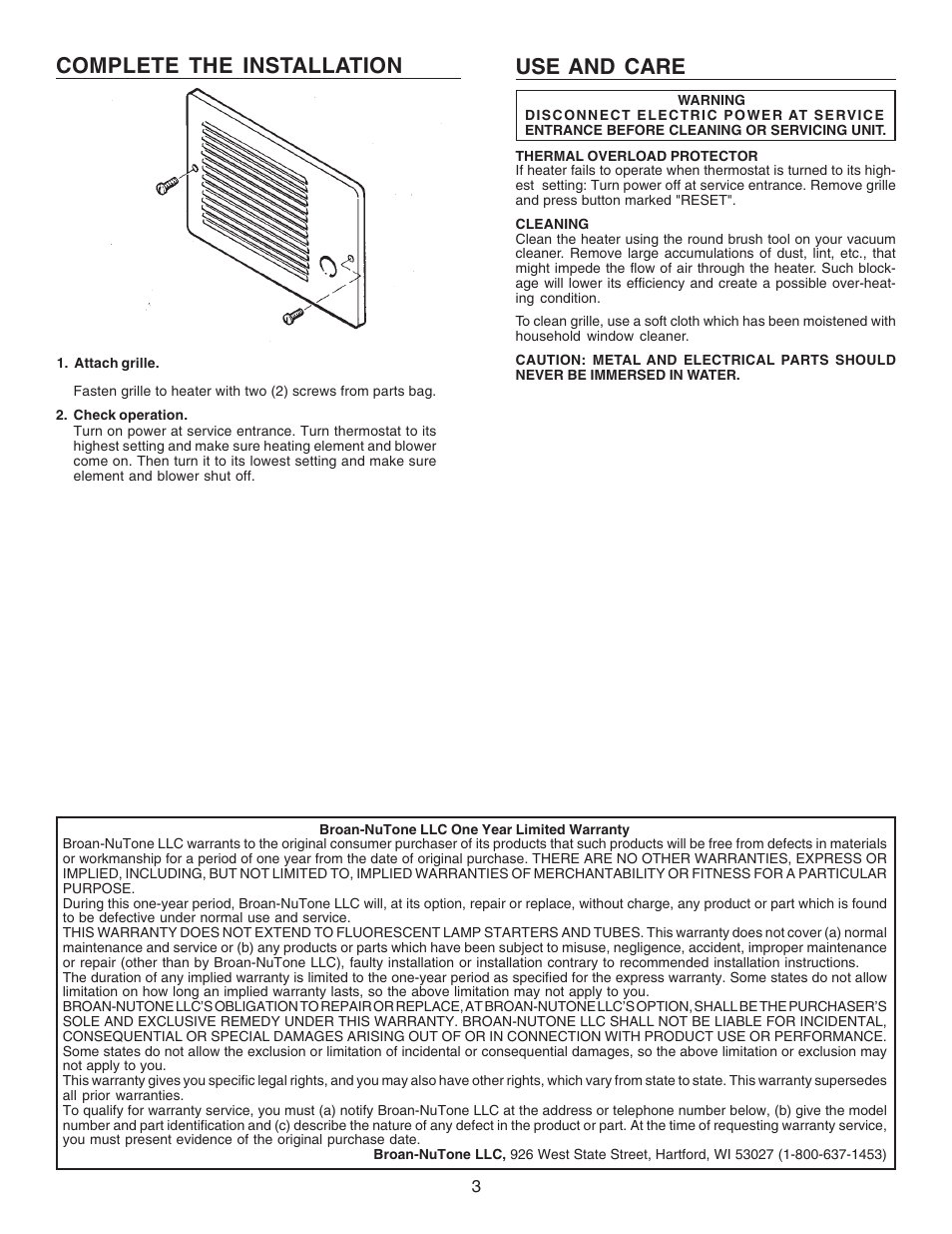 Use and care, Complete the installation | Broan 174F User Manual | Page 3 / 4