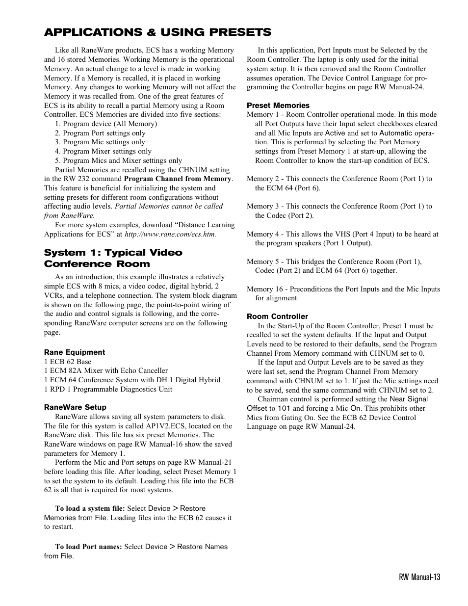 Applications & using presets | Rane ECS v2 RaneWare (RaneWare 2.1) User Manual | Page 13 / 33