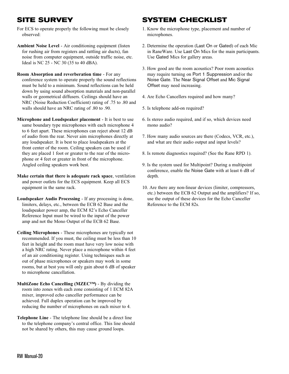 Site survey, System checklist | Rane ECS v2 RaneWare (RaneWare 2.1) User Manual | Page 20 / 33