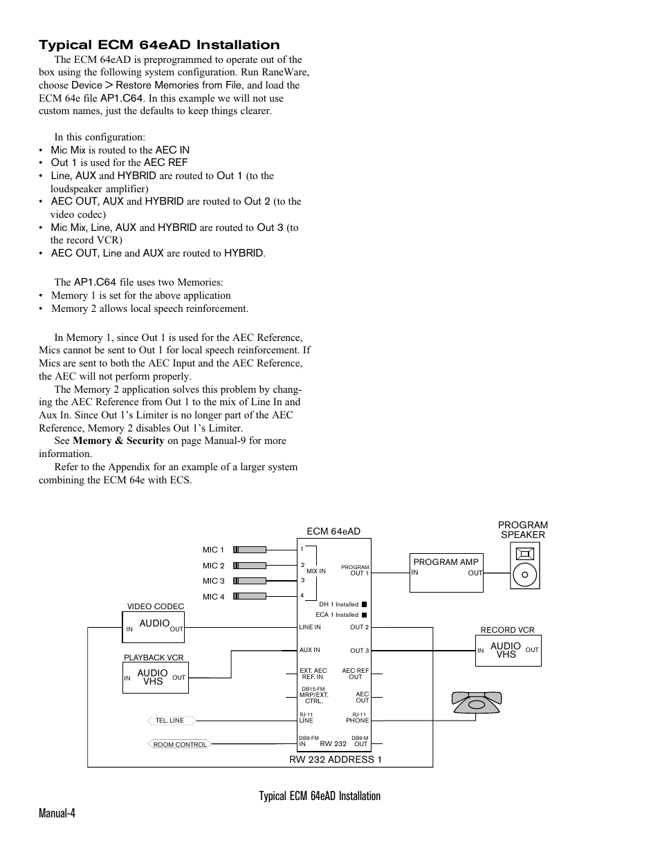 Manual-4 typical ecm 64ead installation, Typical ecm 64ead installation | Rane ECM 64e User Manual | Page 4 / 26