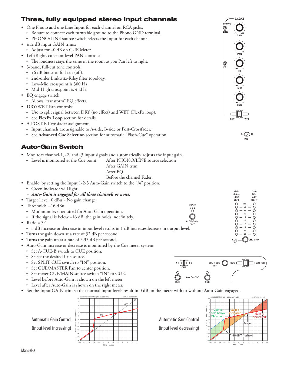 Three, fully equipped stereo input channels, Auto-gain switch, Manual-2 | Rane Empath Mixer User Manual | Page 4 / 10