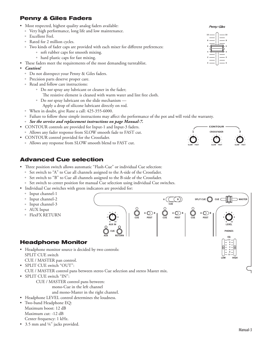 Penny & giles faders, Advanced cue selection, Headphone monitor | Manual-3 | Rane Empath Mixer User Manual | Page 5 / 10