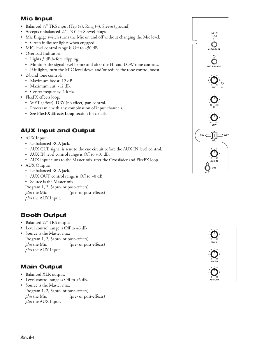 Mic input, Aux input and output, Booth output | Main output, Manual-4 | Rane Empath Mixer User Manual | Page 6 / 10