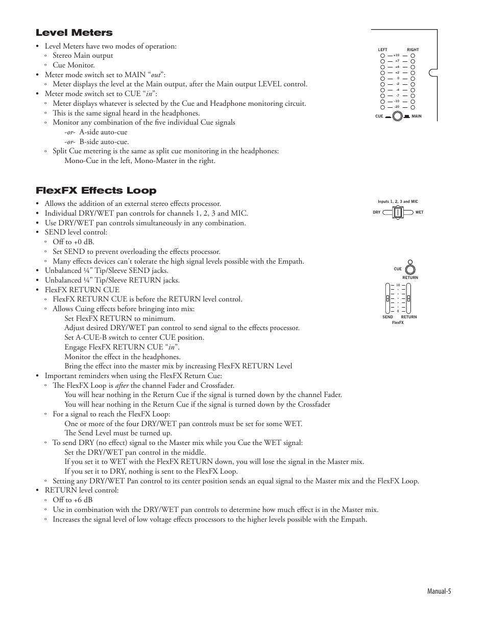 Level meters, Flexfx effects loop | Rane Empath Mixer User Manual | Page 7 / 10