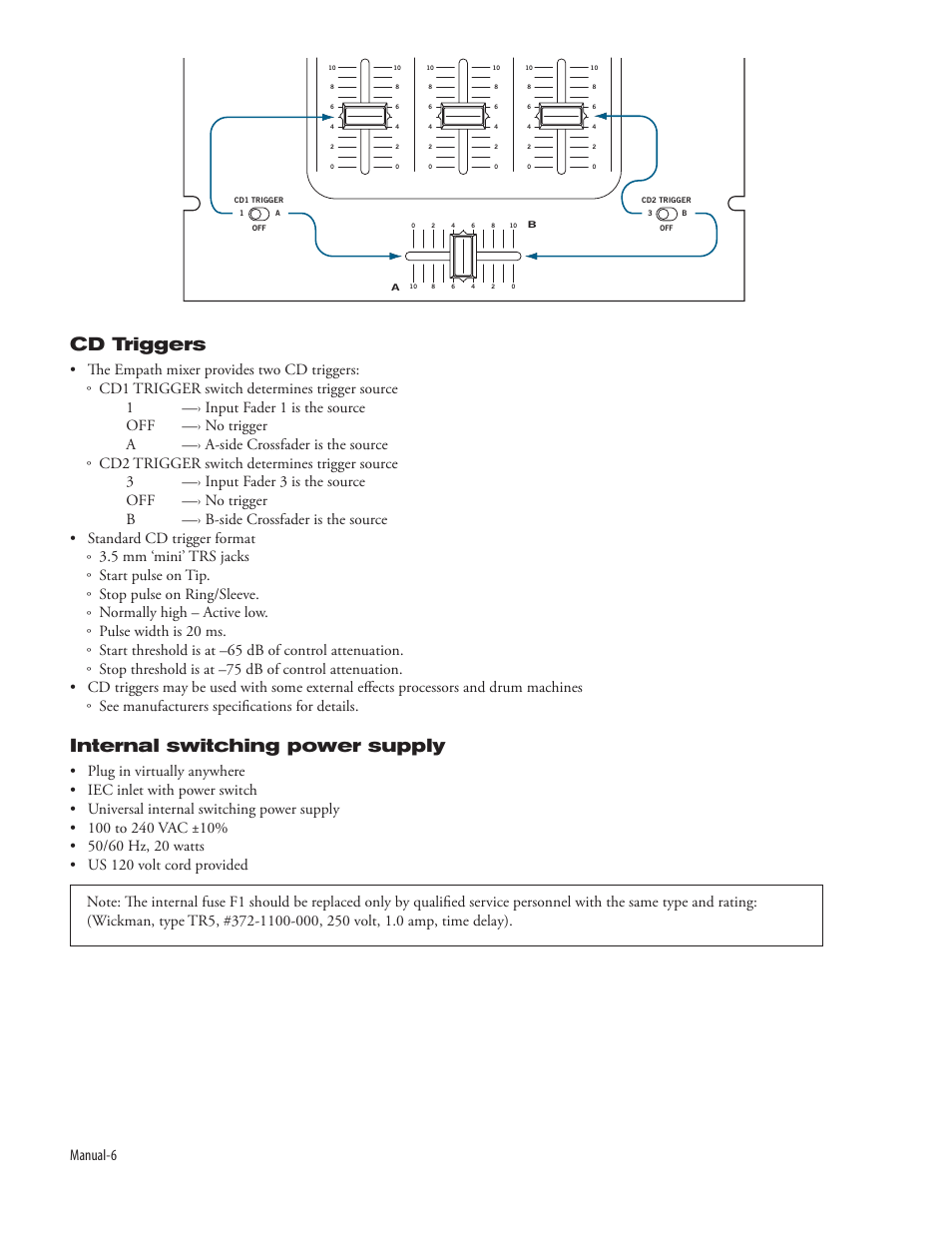 Cd triggers, Internal switching power supply, Manual-6 | Rane Empath Mixer User Manual | Page 8 / 10