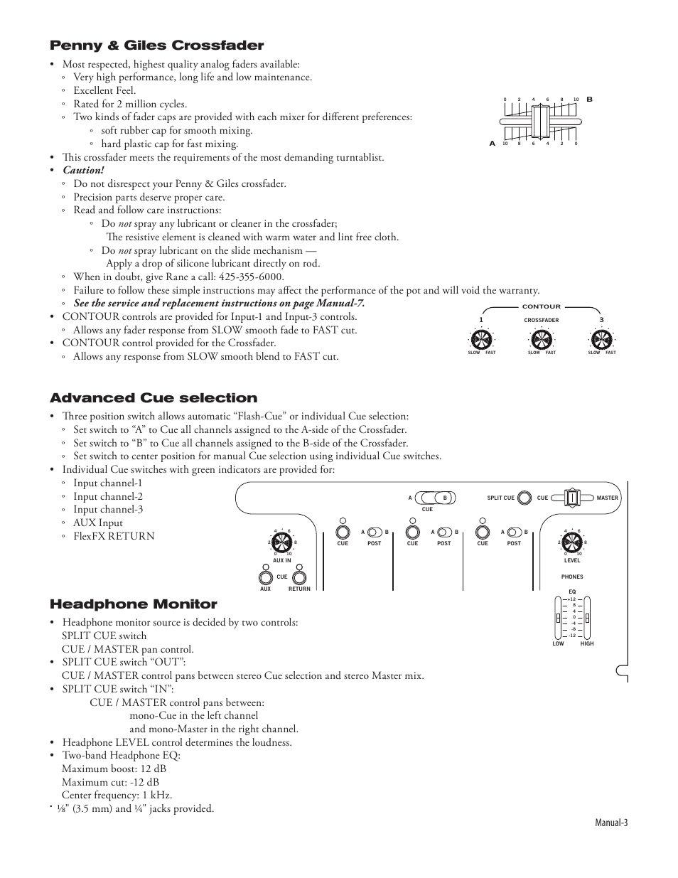 Penny & giles crossfader, Advanced cue selection, Headphone monitor | Manual-3, 5 mm) and ¼" jacks provided | Rane Empath Rotary Mixer User Manual | Page 5 / 10