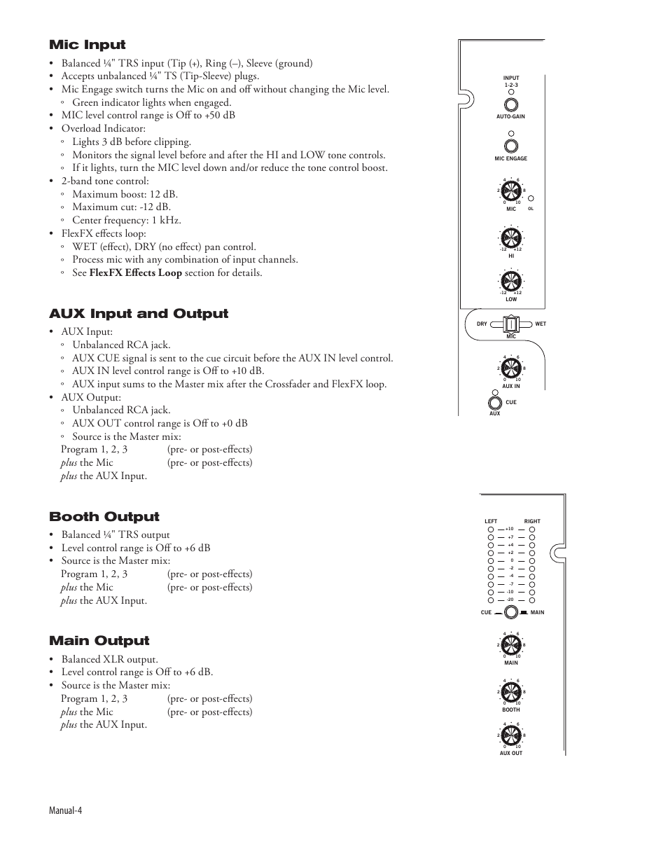 Mic input, Aux input and output, Booth output | Main output, Manual-4 | Rane Empath Rotary Mixer User Manual | Page 6 / 10