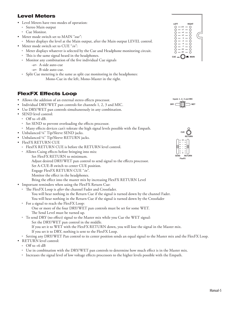 Level meters, Flexfx effects loop | Rane Empath Rotary Mixer User Manual | Page 7 / 10