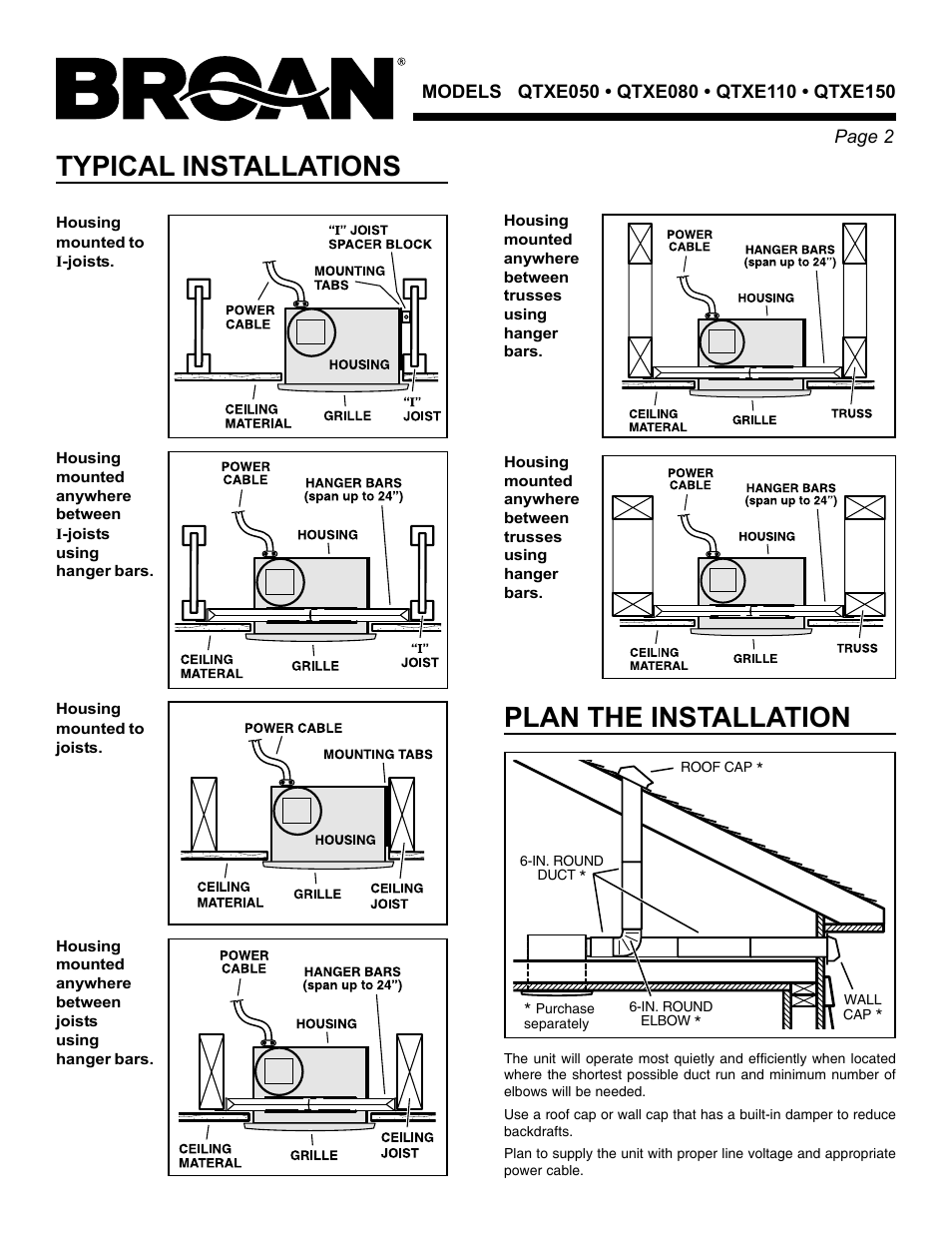Typical installations, Plan the installation | Broan QTXE150 User Manual | Page 2 / 8