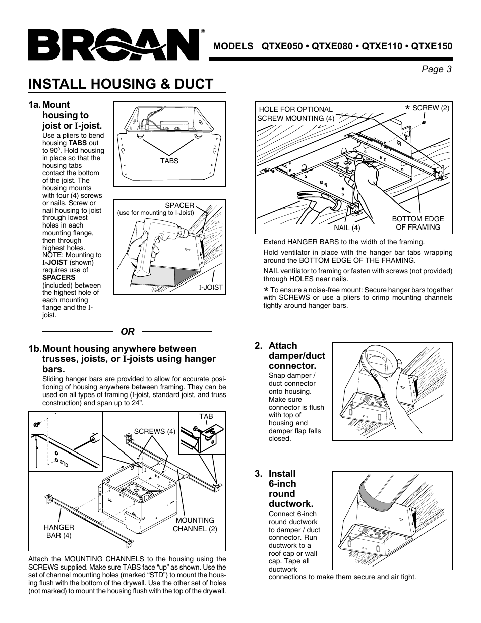 Install housing & duct | Broan QTXE150 User Manual | Page 3 / 8