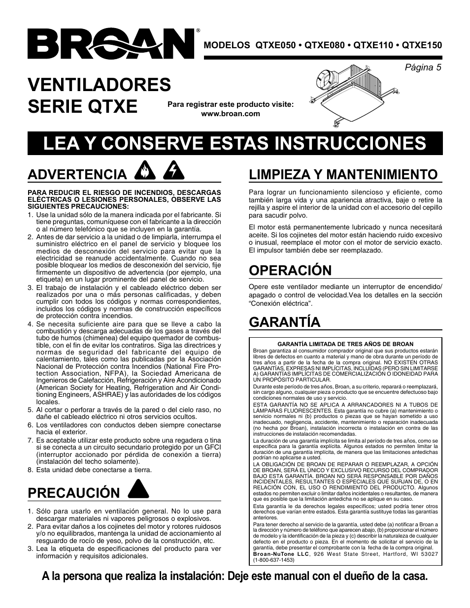 Advertencia, Precaución, Limpieza y mantenimiento garantía | Operación | Broan QTXE150 User Manual | Page 5 / 8