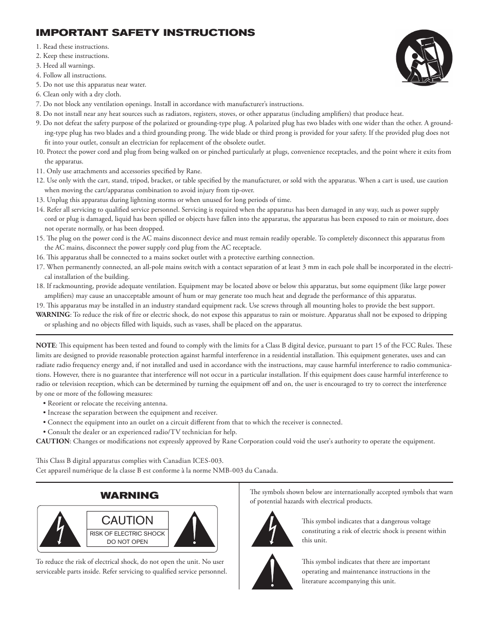 Caution, Warning important safety instructions | Rane FDA 18 User Manual | Page 5 / 5