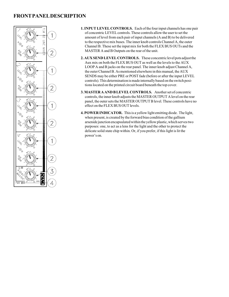 Front panel description | Rane FLM 82 User Manual | Page 2 / 4