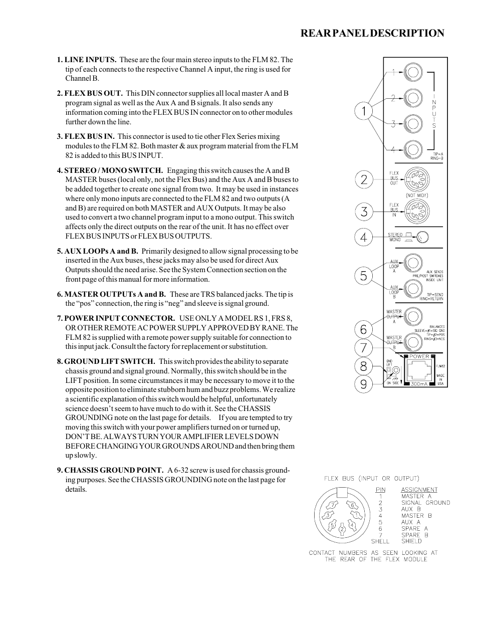 Rear panel description | Rane FLM 82 User Manual | Page 3 / 4