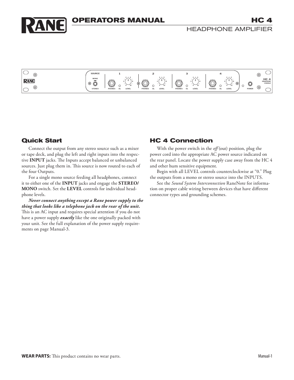 Hc4man.pdf, Operators manual, Hc 4 | Quick start, Headphone amplifier, Hc 4 connection, Manual | Rane HC 4 2003 version User Manual | Page 3 / 4