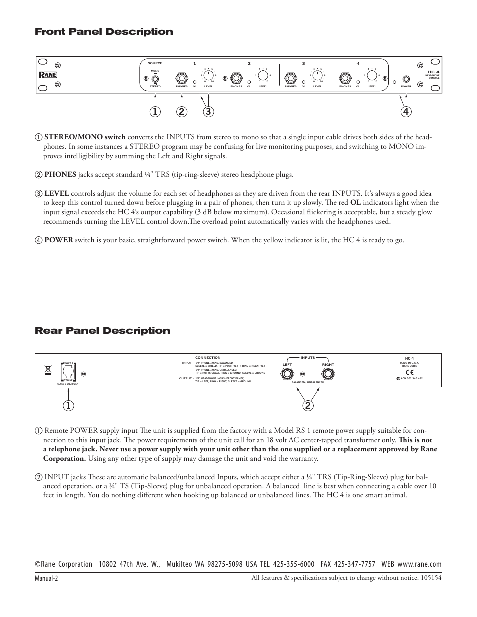 12 3 4 front panel description, 12 rear panel description | Rane HC 4 2003 version User Manual | Page 4 / 4