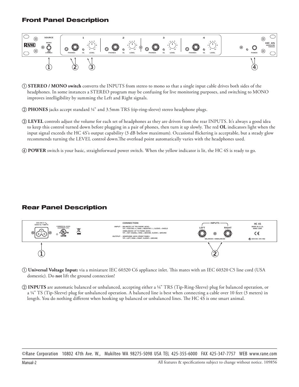 Front panel description rear panel description | Rane HC 4S 2007 version User Manual | Page 4 / 4