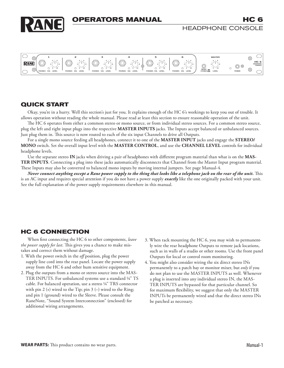 Hc 6, Operators manual, Manual | Headphone console, Quick start, Hc 6 connection | Rane HC 6 2003 version User Manual | Page 3 / 6