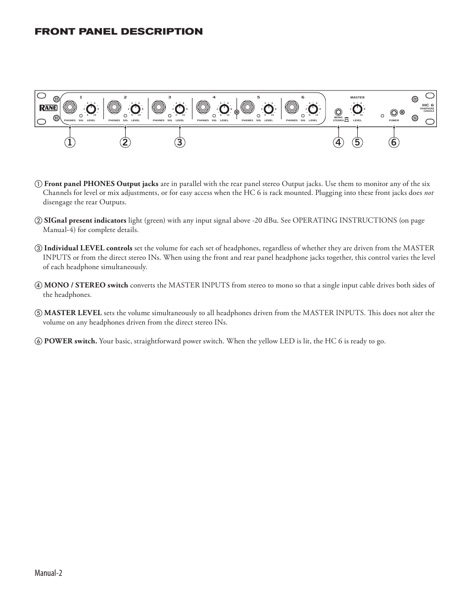 Manual- front panel description | Rane HC 6 2003 version User Manual | Page 4 / 6