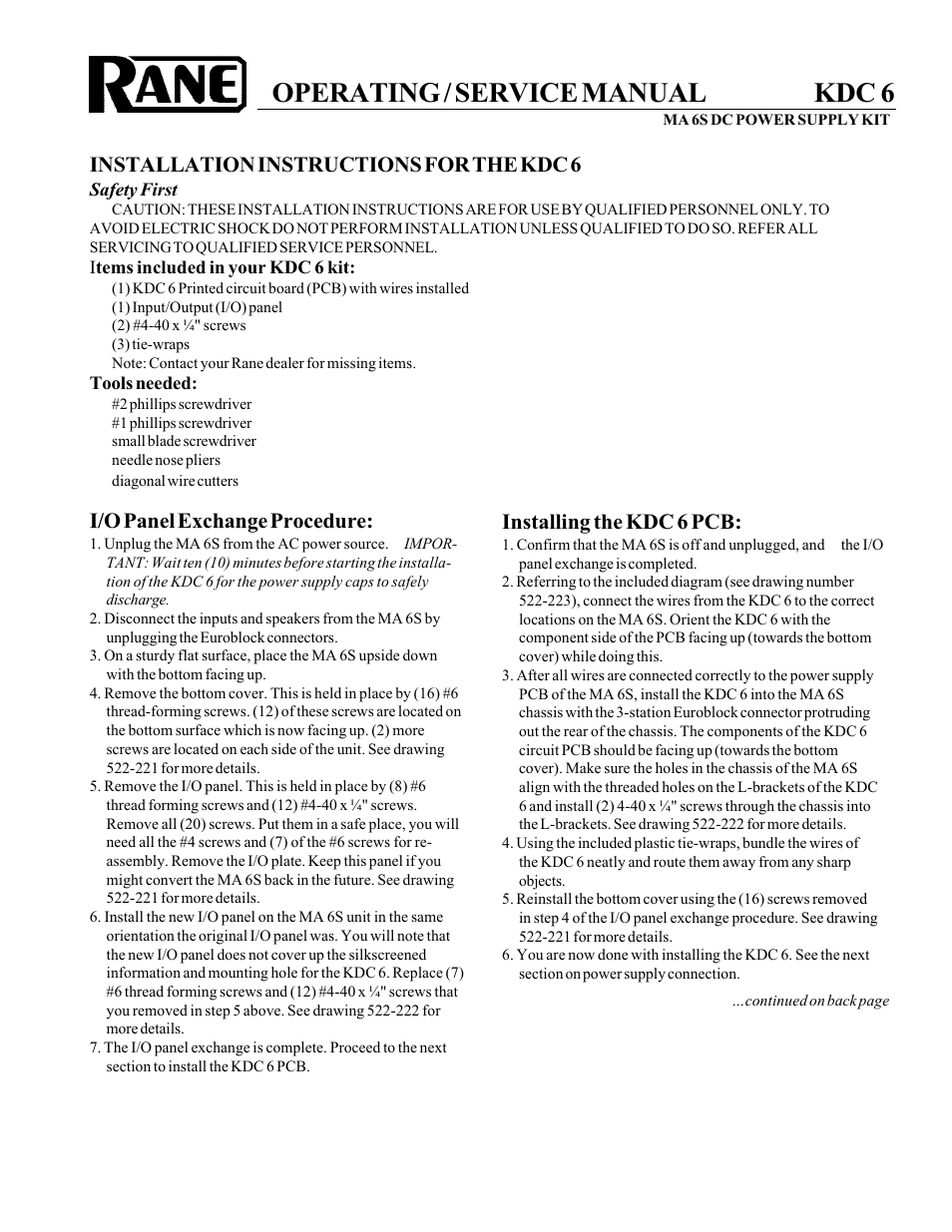 Rane KDC 6 User Manual | 4 pages