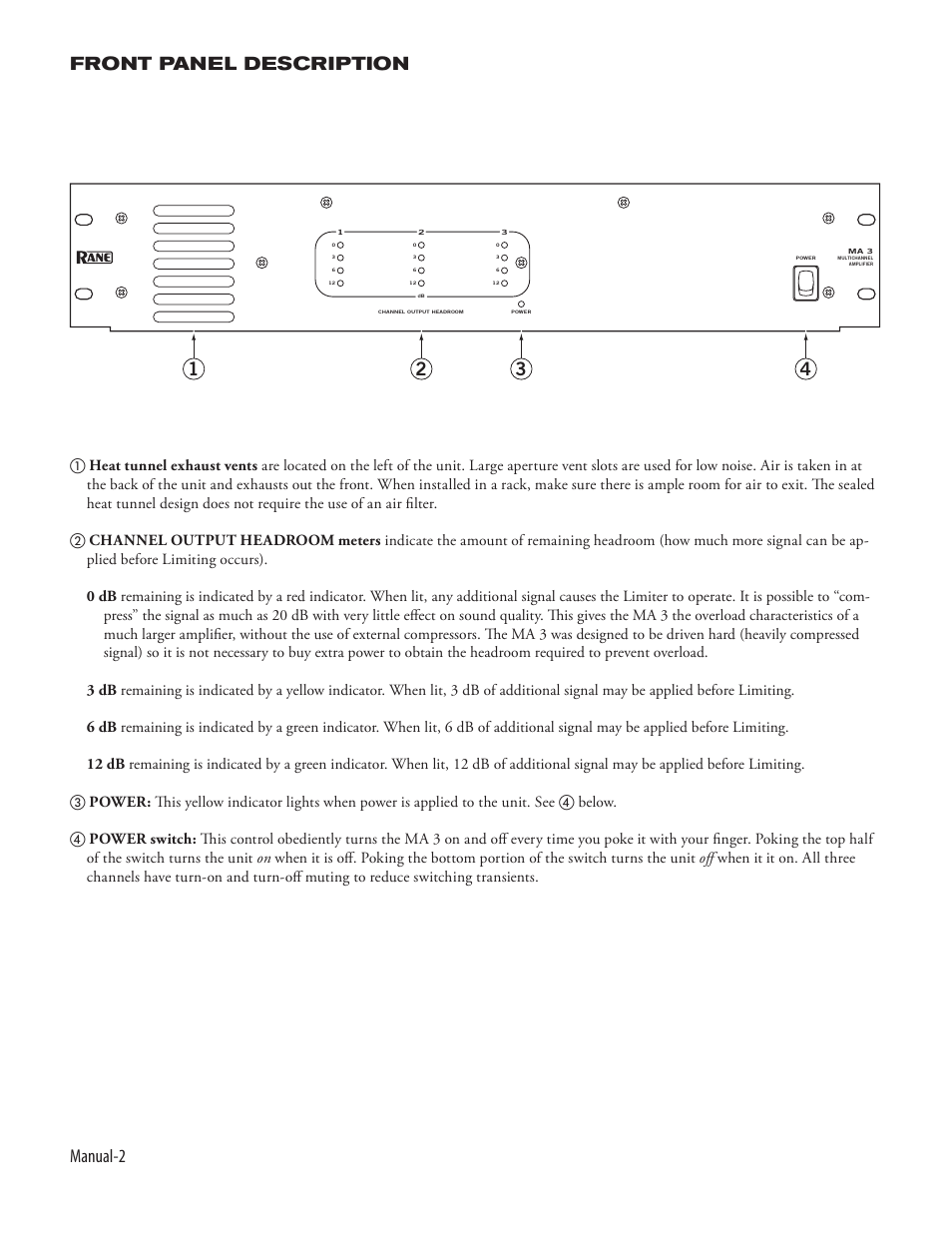 Manual-2 front panel description | Rane MA 3 2003 version User Manual | Page 4 / 8