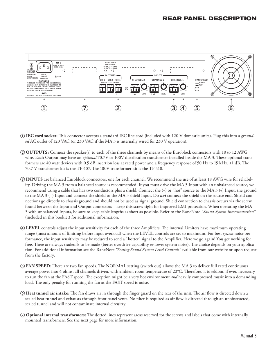 Manual-3 rear panel description | Rane MA 3 2003 version User Manual | Page 5 / 8