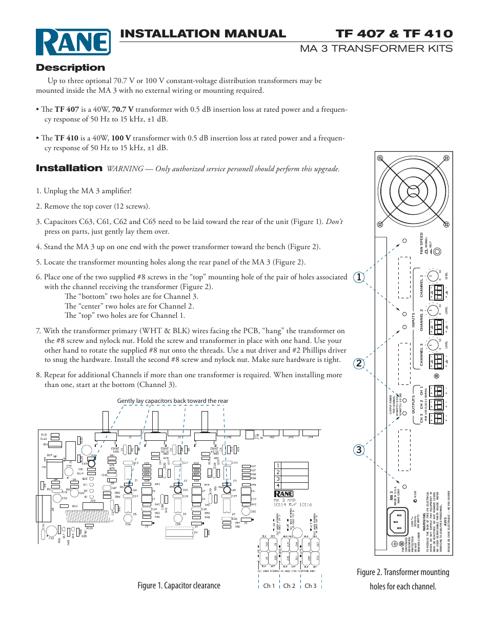 Installation manual, Ma 3 transformer kits description, Installation | 32 1 figure 1. capacitor clearance | Rane MA 3 2003 version User Manual | Page 7 / 8