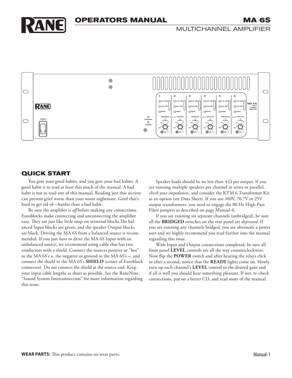 Operators manual ma 6s, Manual-1, Multichannel amplifier quick start | Rane MA 6S 1994 version User Manual | Page 3 / 8