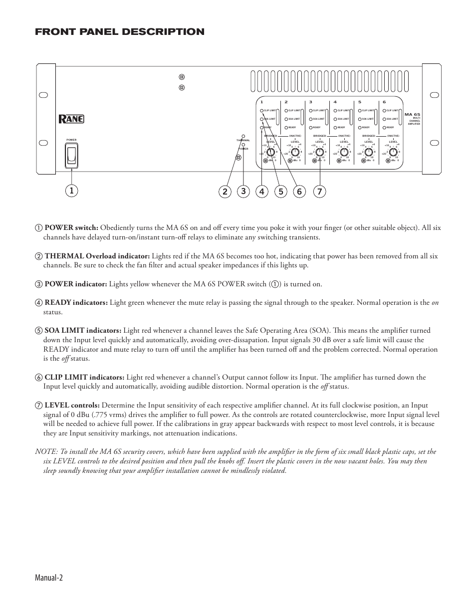 Manual-2 front panel description | Rane MA 6S 1994 version User Manual | Page 4 / 8