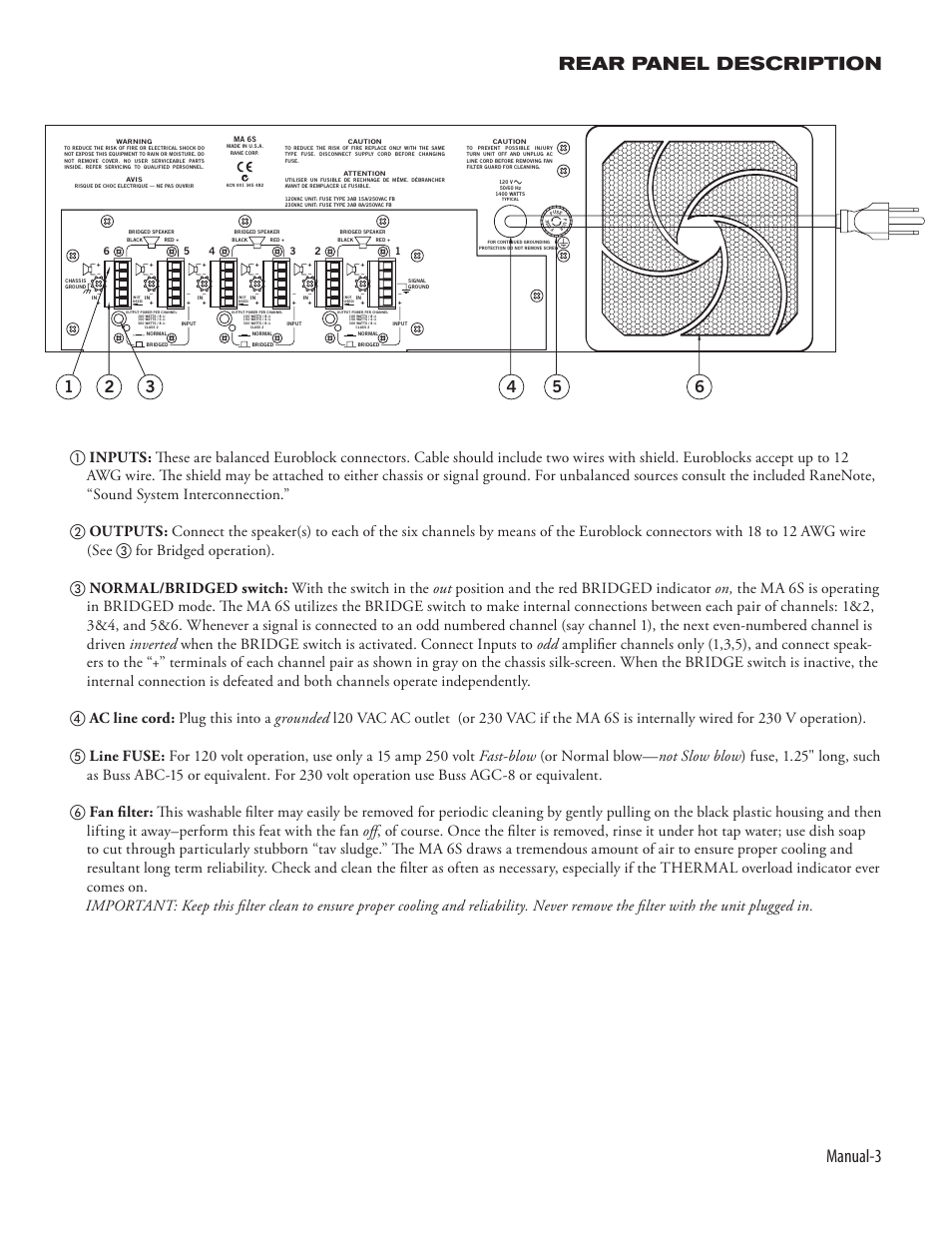 Manual-3 rear panel description | Rane MA 6S 1994 version User Manual | Page 5 / 8