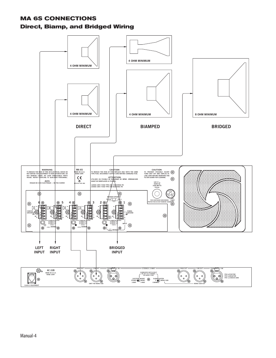 Direct biamped bridged, Left input right input bridged input | Rane MA 6S 1994 version User Manual | Page 6 / 8