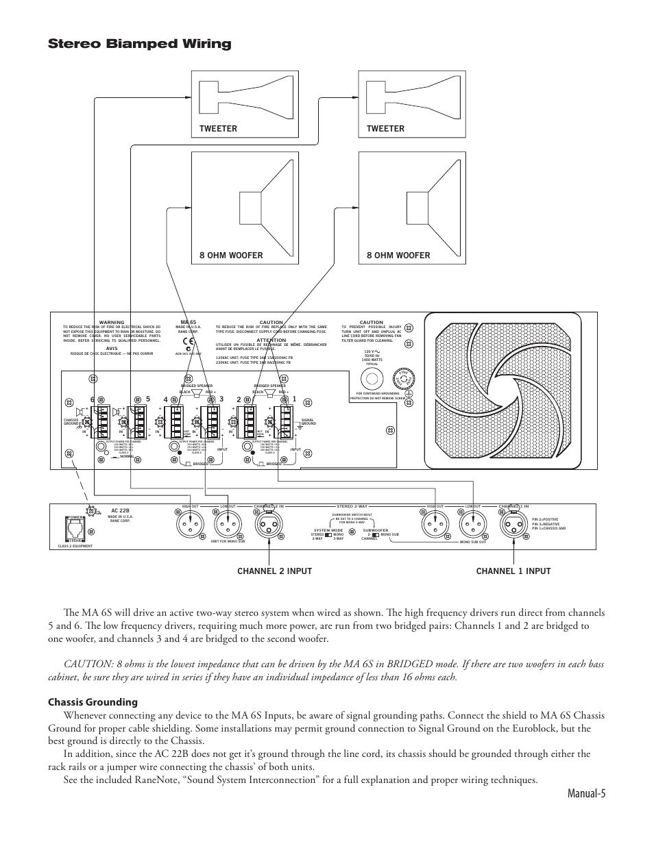 Manual-5, Stereo biamped wiring, 8 ohm woofer | Rane MA 6S 1994 version User Manual | Page 7 / 8