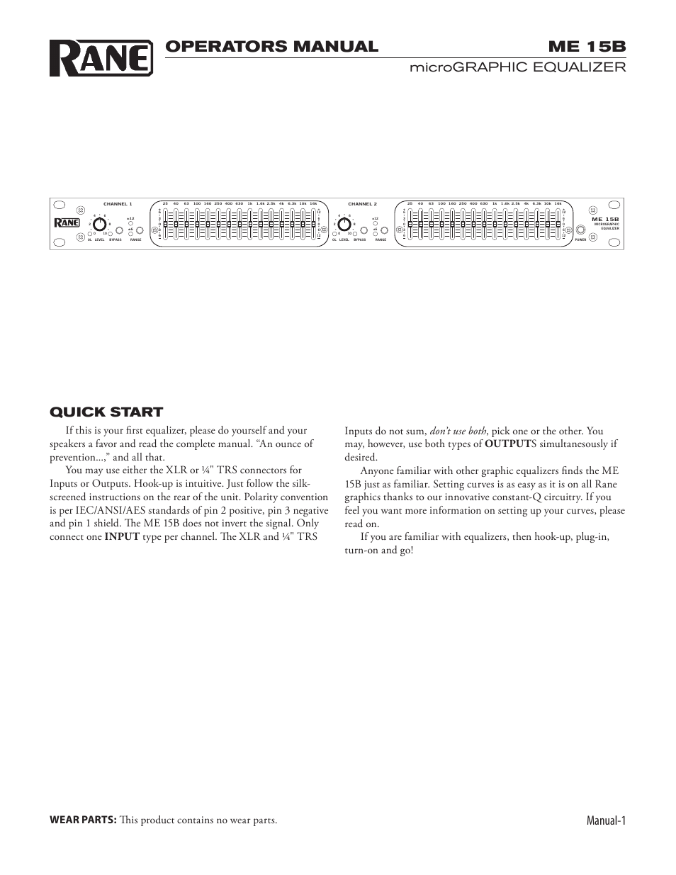 Operators manual me 15b, Manual-1, Micrographic equalizer quick start | Rane ME 15B 2003 version User Manual | Page 3 / 6