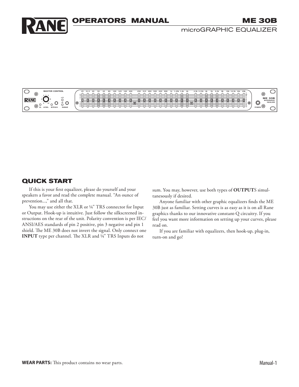 Operators manual me 30b, Manual-1, Micrographic equalizer quick start | Rane ME 30B 2003 version User Manual | Page 3 / 6