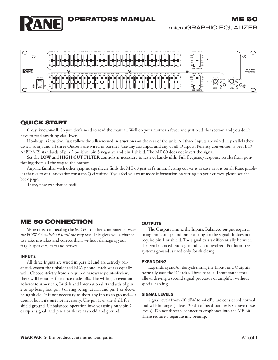 Operators manual me 60, Manual-1, Micrographic equalizer me 60 connection | Quick start | Rane ME 60 2003 version User Manual | Page 3 / 6