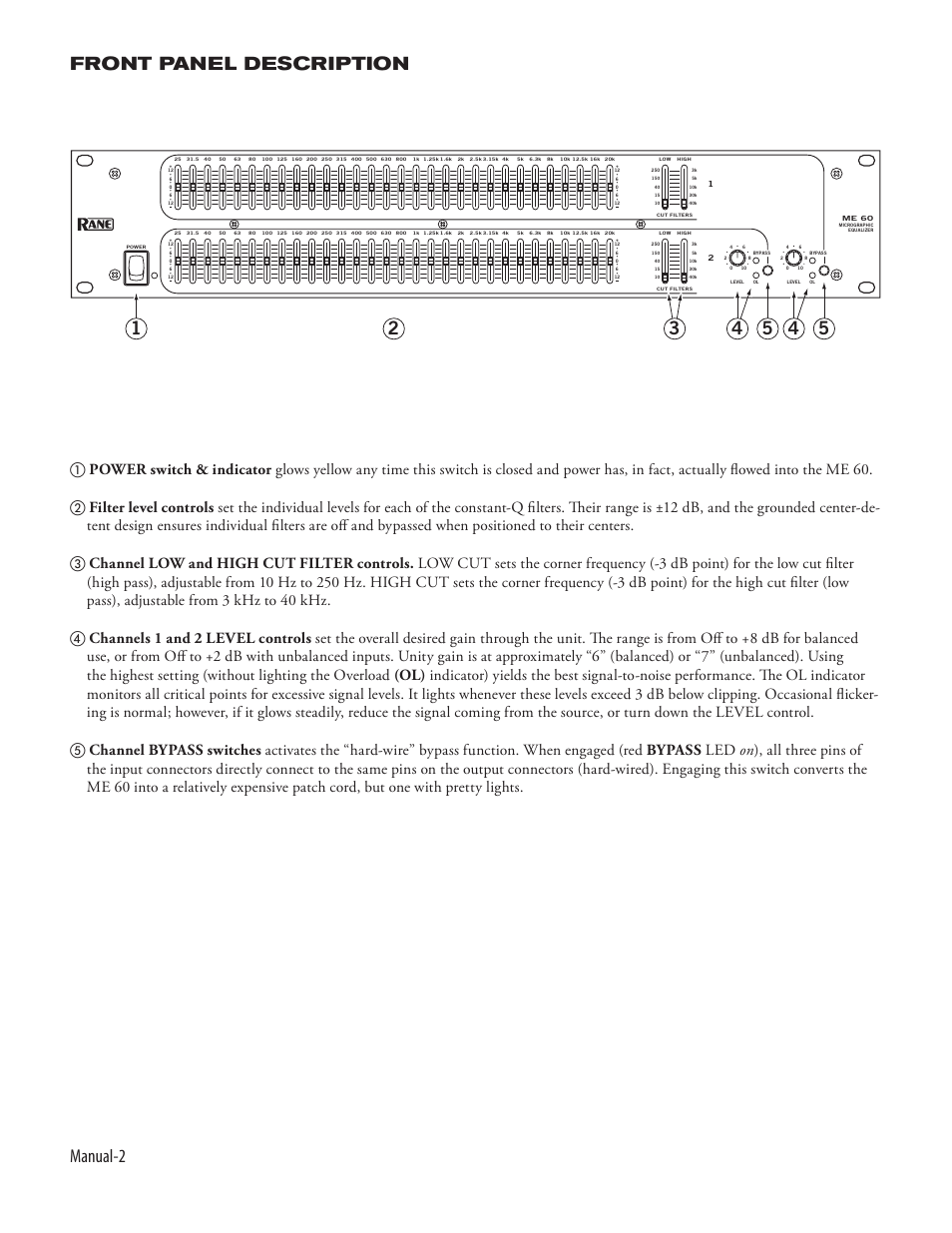Manual-2 front panel description | Rane ME 60 2003 version User Manual | Page 4 / 6